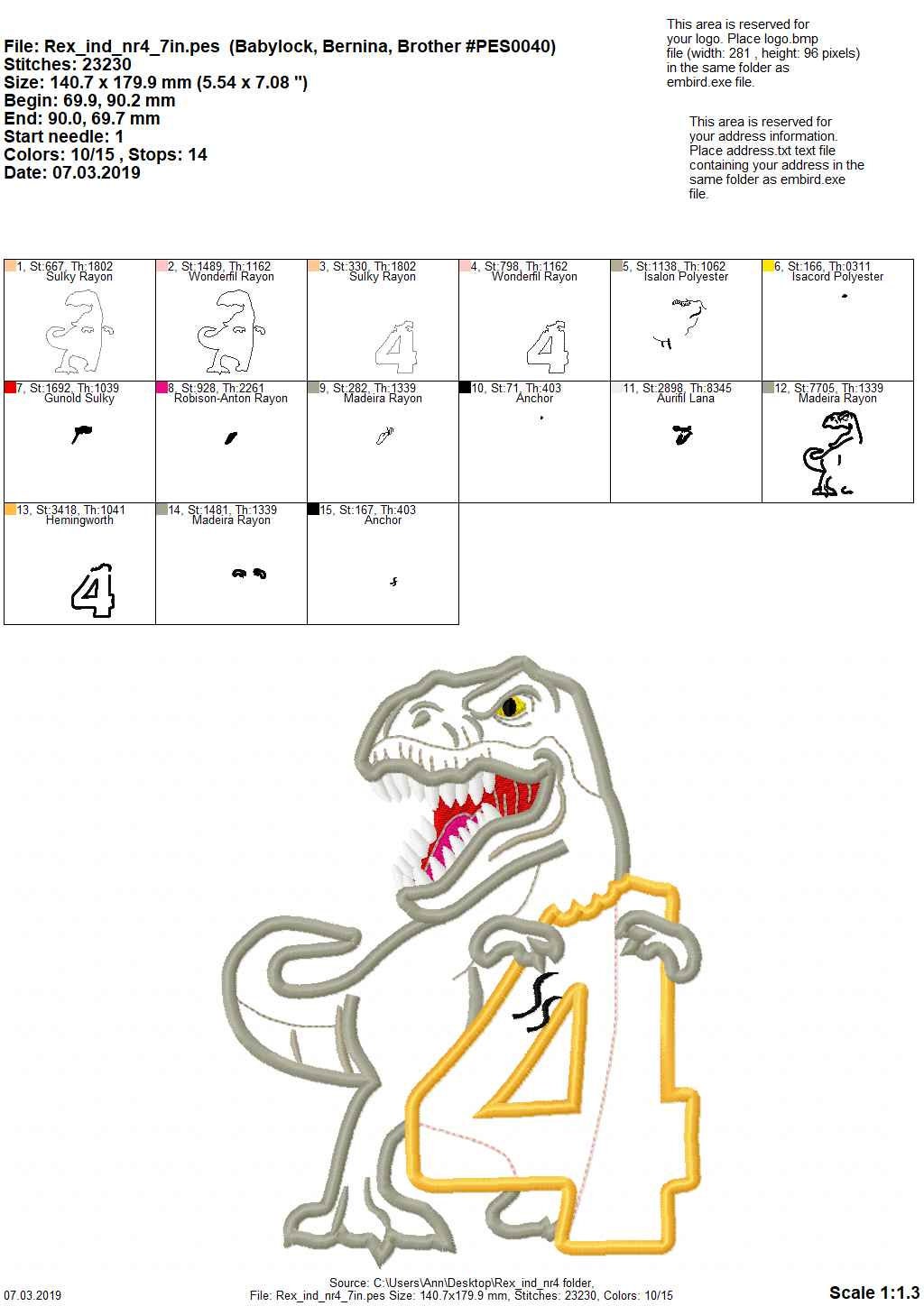 T-Rex Birthday Number Four Applique