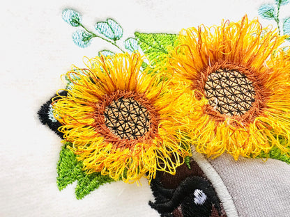 Fringed Sunflower Cute Cow Applique