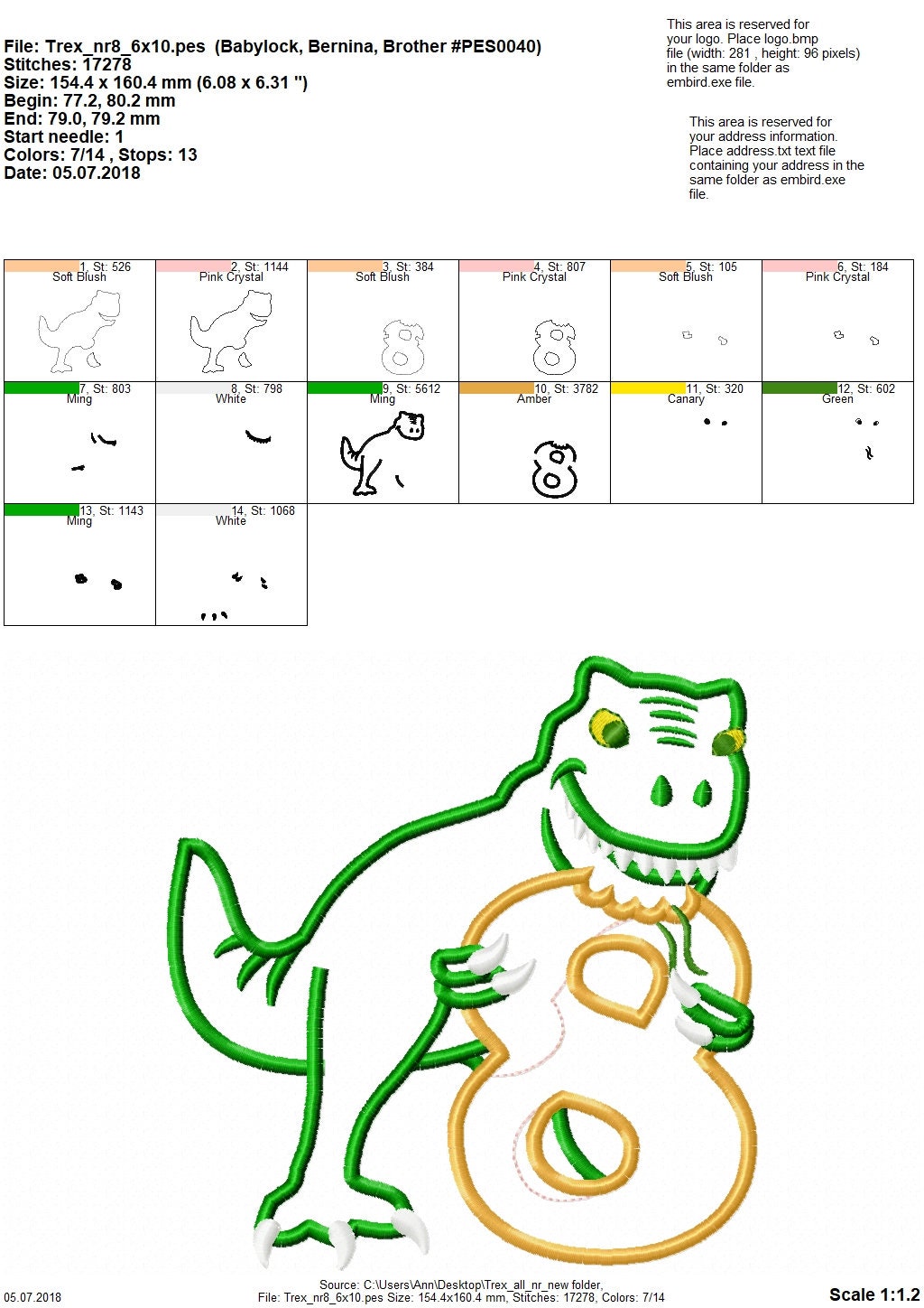 T-rex dinosaur Birthday number EIGHT 8 machine embroidery Birtday