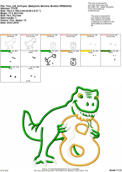T-rex dinosaur Birthday number EIGHT 8 machine embroidery Birtday