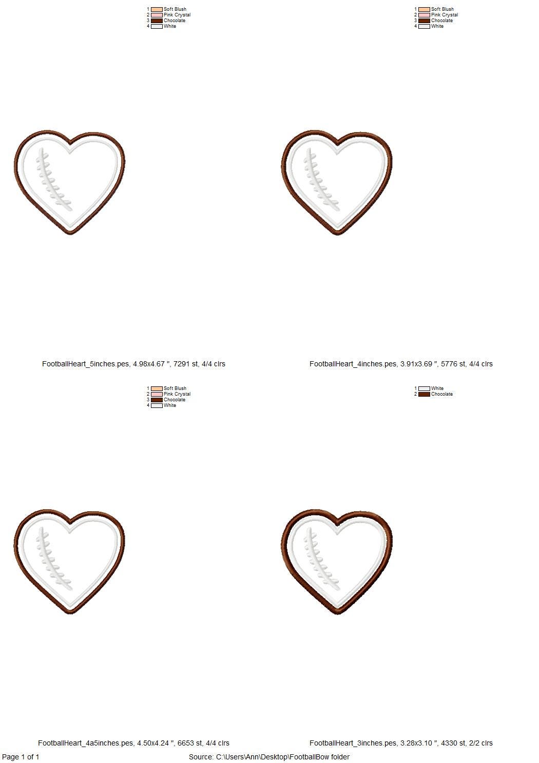 Football Stitch Bow and Heart Applique