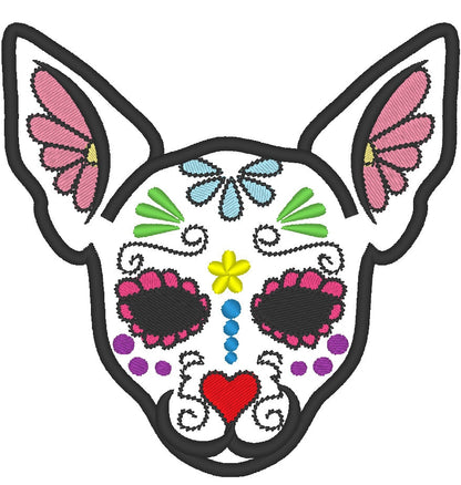 Chihuahua Sugar Skull applique design, dog skull embroidery, 4x4, 5x7