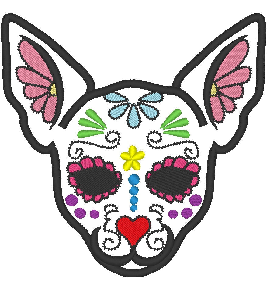 Chihuahua Sugar Skull applique design, dog skull embroidery, 4x4, 5x7