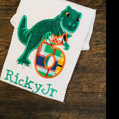 T-rex dinosaur Birthday number six 6 machine embroidery Birthday outfit