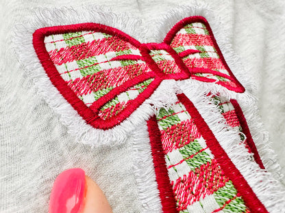 Fringed Christmas Gingham Plaid Bow