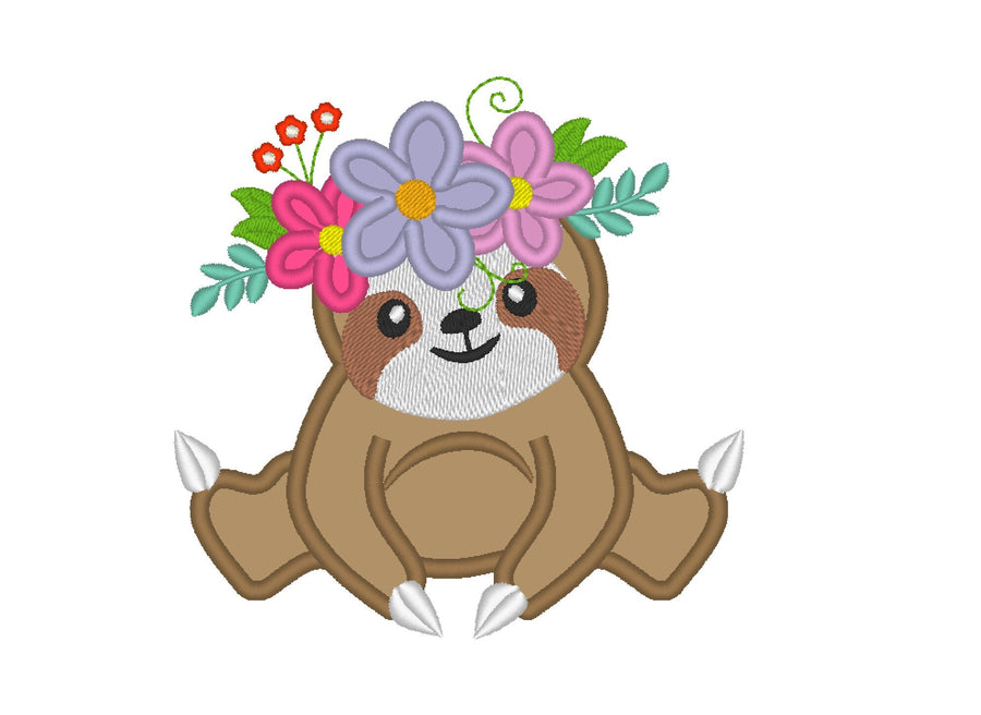 Sloth with floral crown wreath of flowers applique machine embroidery