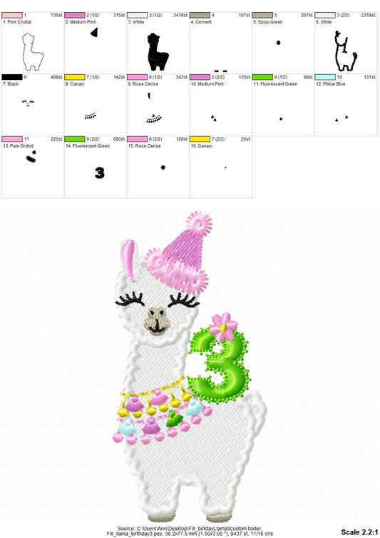 Llama Alpaca Birthday Number 3 – Sizes 3" 3.5" 4" Digital Embroidery File | Artapli