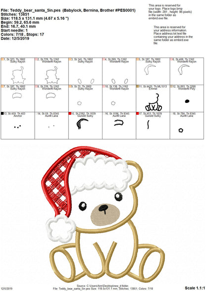 Teddy Bear with Plaid Checked Christmas Santa Hat Applique machine