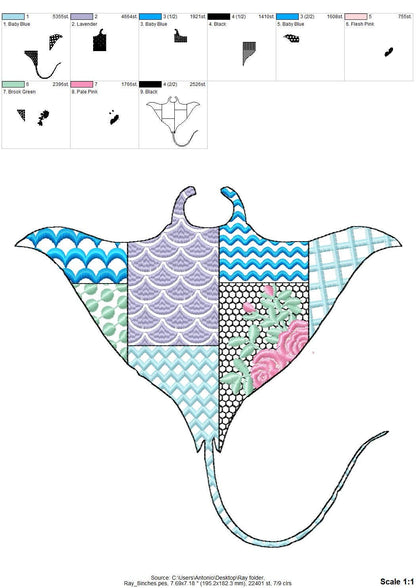 Patchwork Ray patterned sea life ocean animal Skate fish outline