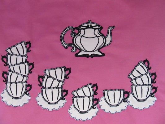Tea Party Teapot and Stacked teacups Applique SET of 7 types curved