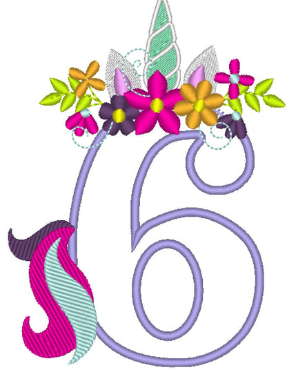 Floral Unicorn with Tail Birthday Numbers Applique