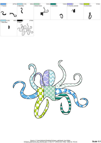 Patchwork Octopus patterned sea ocean fish animal Tentacles outline