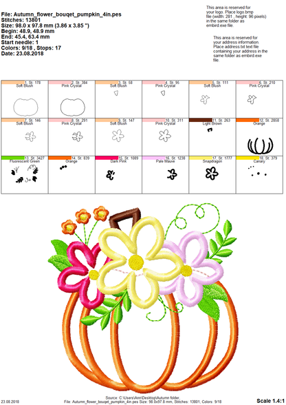 Floral Pumpkin Applique – Sizes 4" 4.5" 5" 6" 7" Digital Embroidery File | Artapli