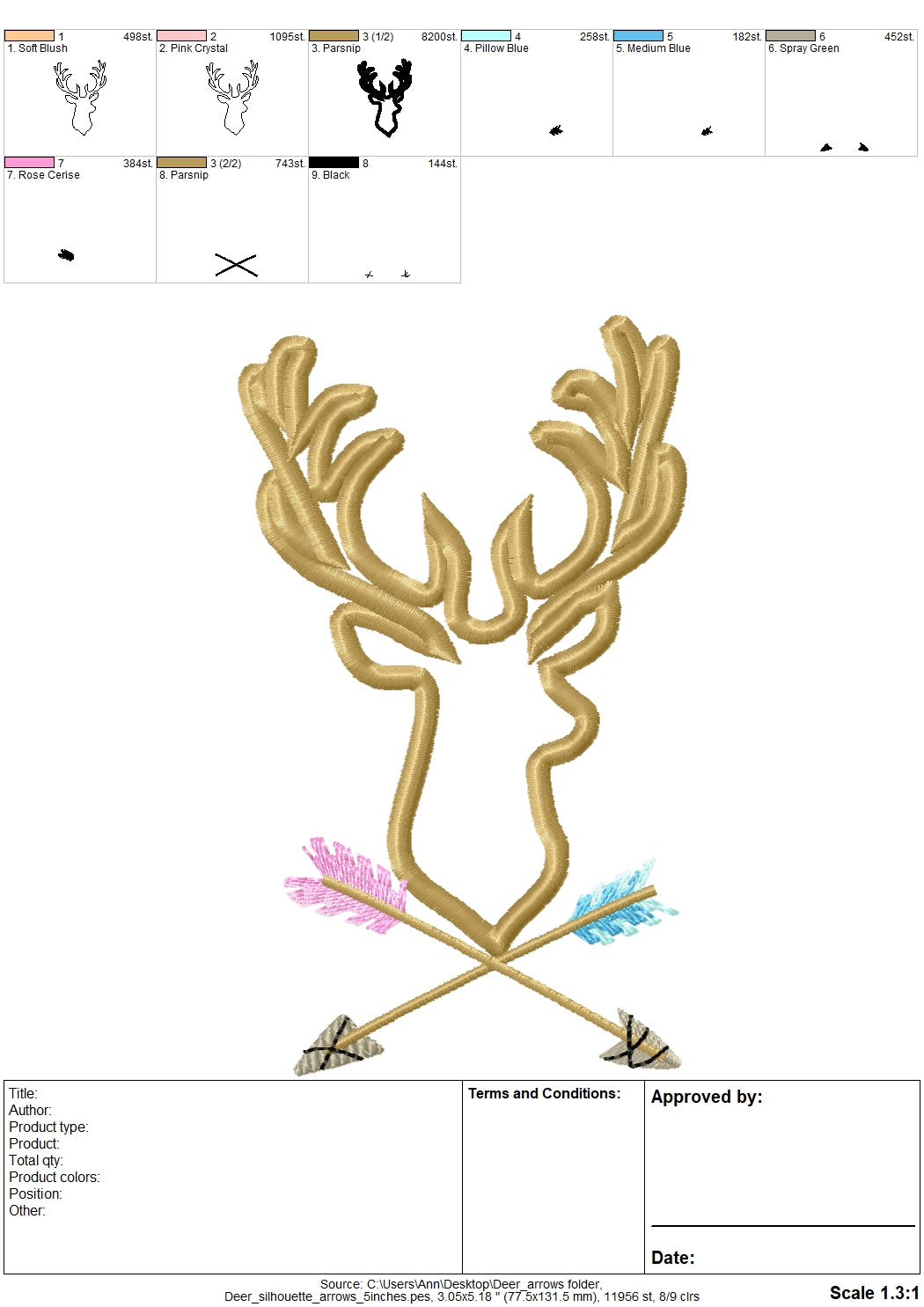 Buck Deer Head with Arrows Applique