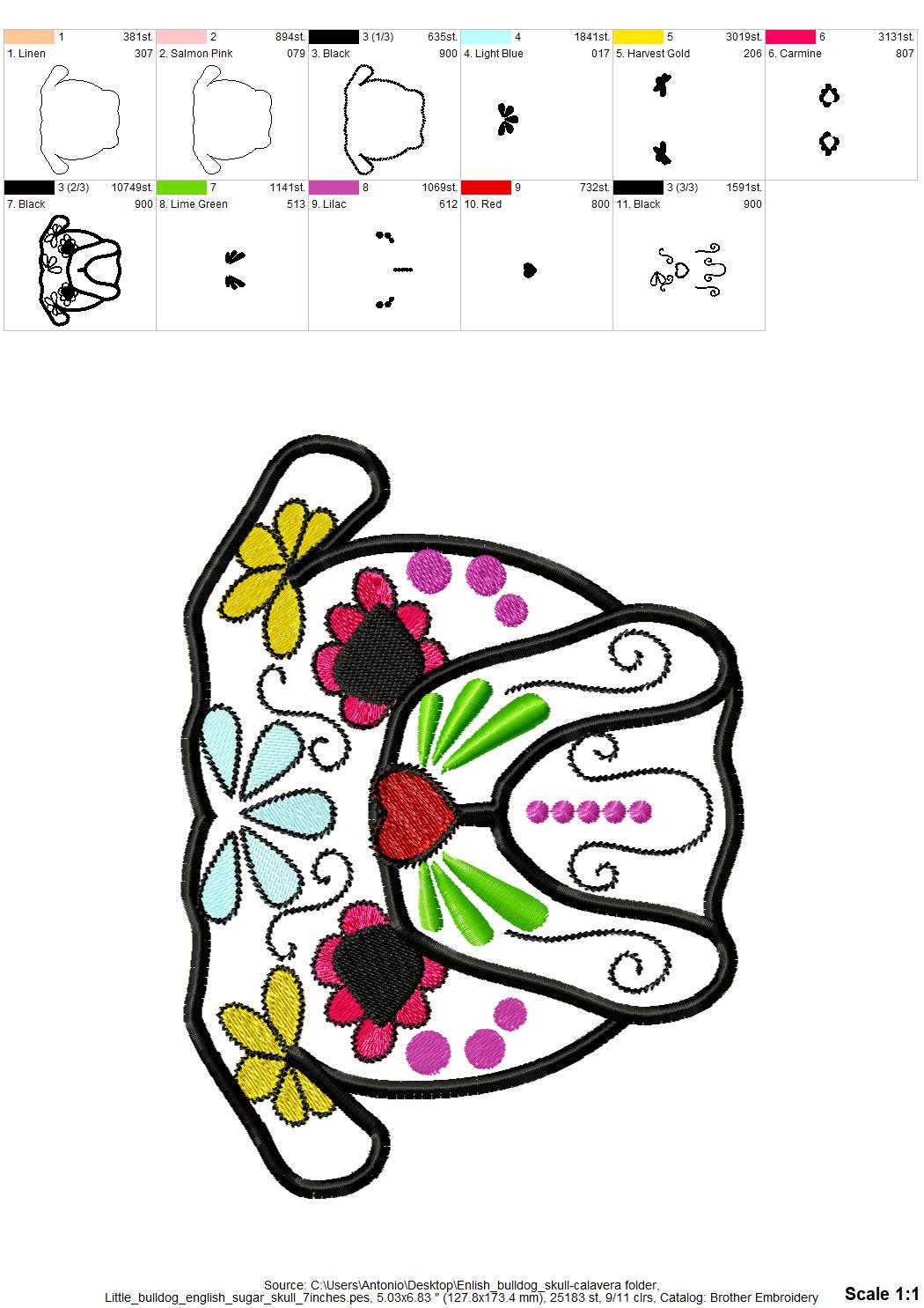 Bulldog Sugar Skull Applique