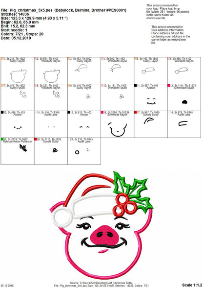 Christmas Pig with Santa Hat and Holly Flower
