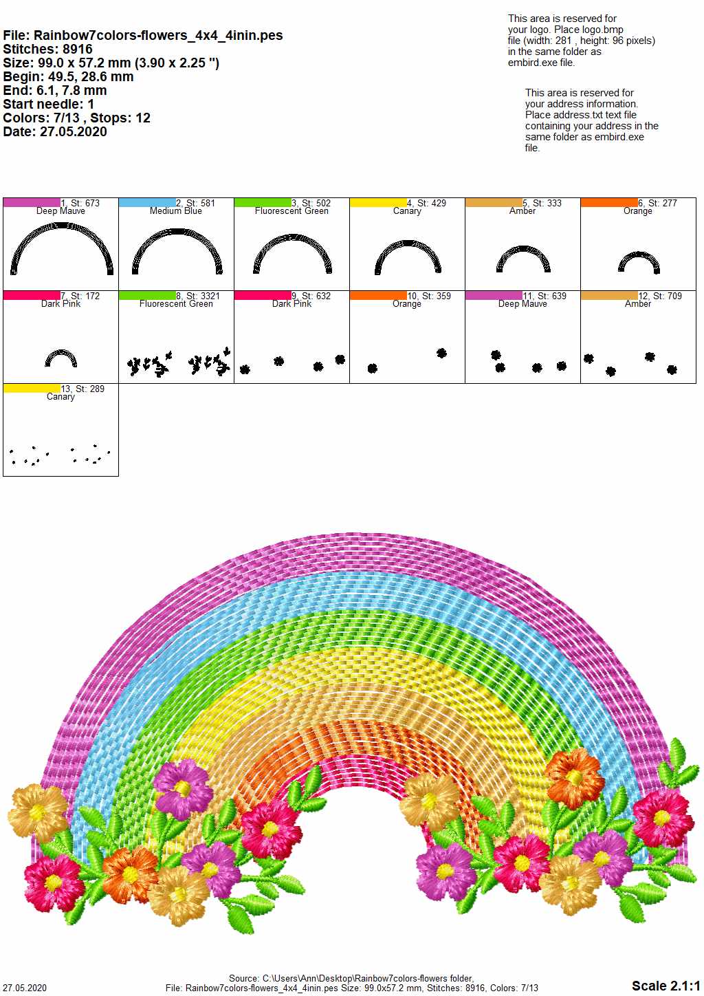 Light Stitch Rainbow with Flowers – Instant Download | Artapli