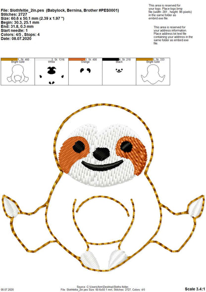Mini Sloth light stitch outline feltie small Sloth – Sizes 2" 2.5" 3" 3.5" 4" Digital Embroidery File | Artapli