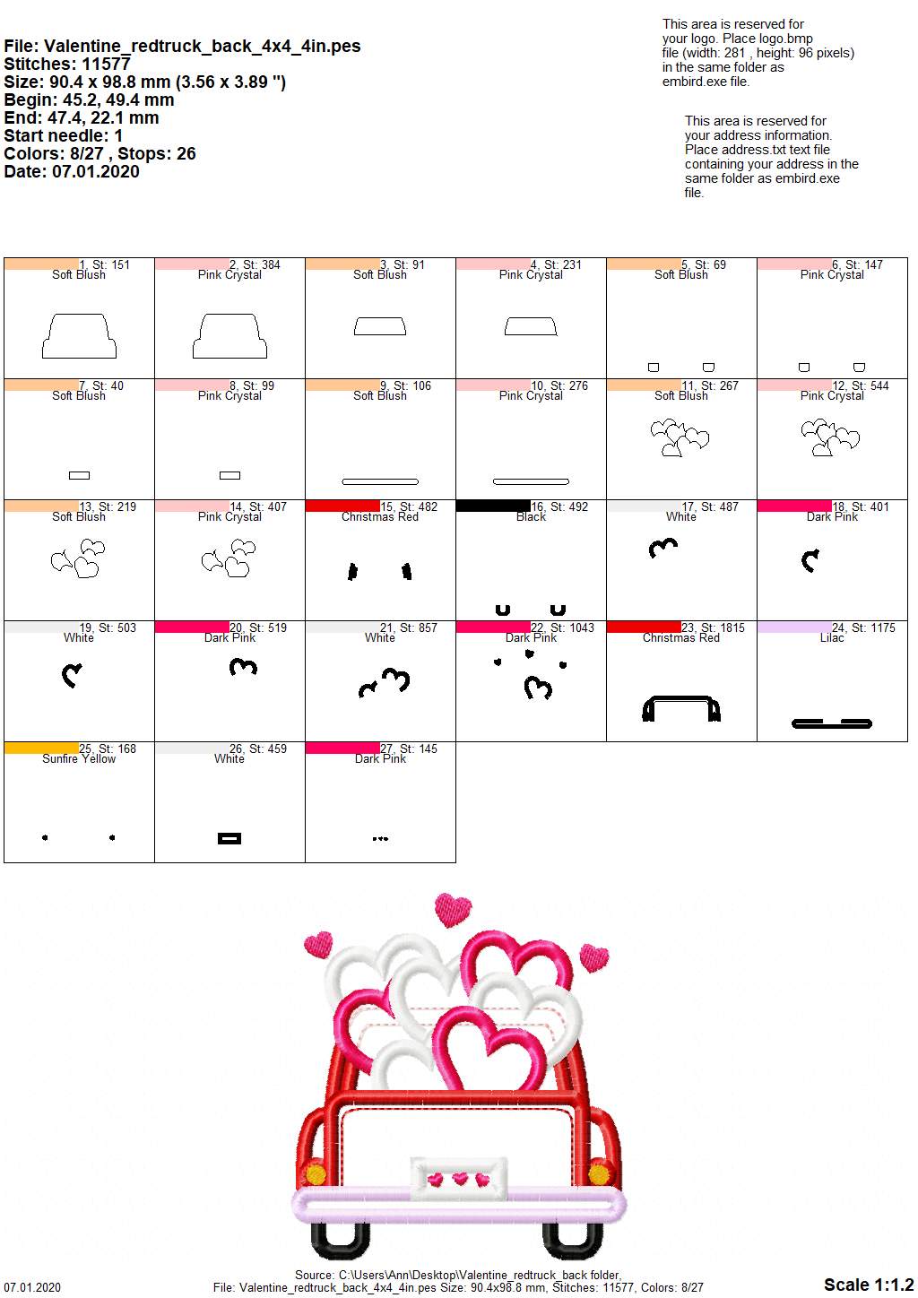 Red Truck Back with Hearts – Sizes 4" 4.5" 5" 6" 6.5" 7" Digital Embroidery File | Artapli