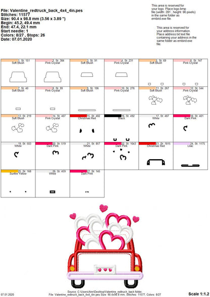 Red Truck Back with Hearts – Sizes 4" 4.5" 5" 6" 6.5" 7" Digital Embroidery File | Artapli