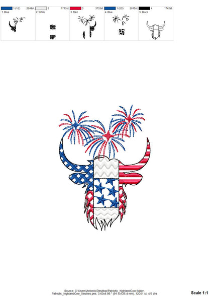 Patchwork Highland Cow Bull farm animal patterned outline and Fireworks