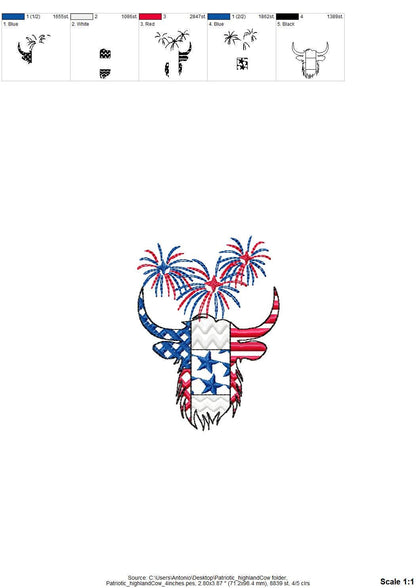 Patchwork Highland Cow Bull farm animal patterned outline and Fireworks