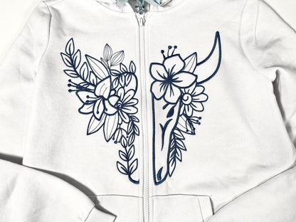 Split floral bull cow head slips front hoodie zipper highland cow