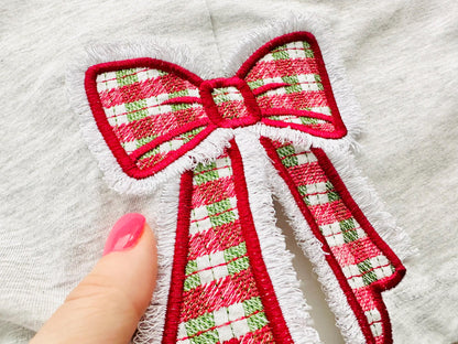 Fringed Christmas Gingham Plaid Bow