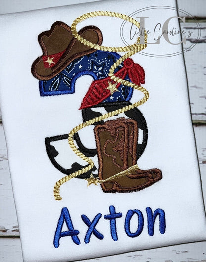 Little Cowboy Birthday Number 3 THREE wide satin stitch Applique