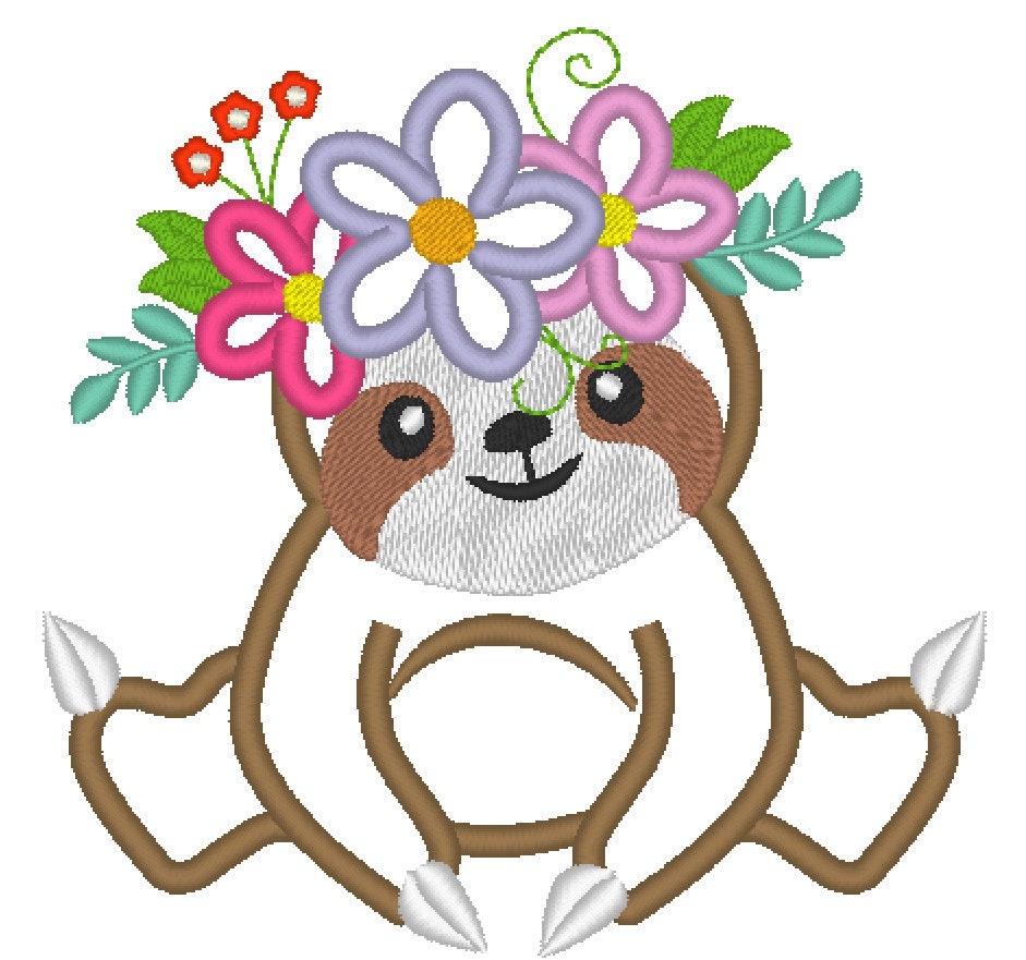 Sloth with floral crown wreath of flowers applique machine embroidery