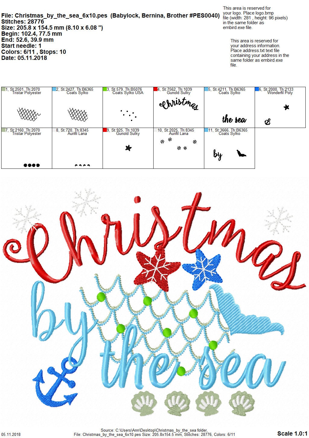Christmas by the sea embroidery designs, Merry Christmas embroidery