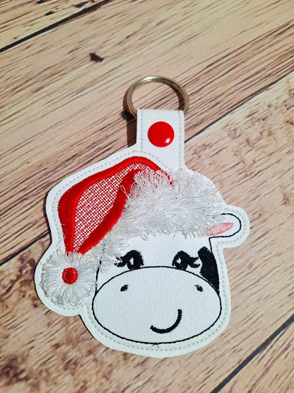Fringed Cow Santa Hat Keychain