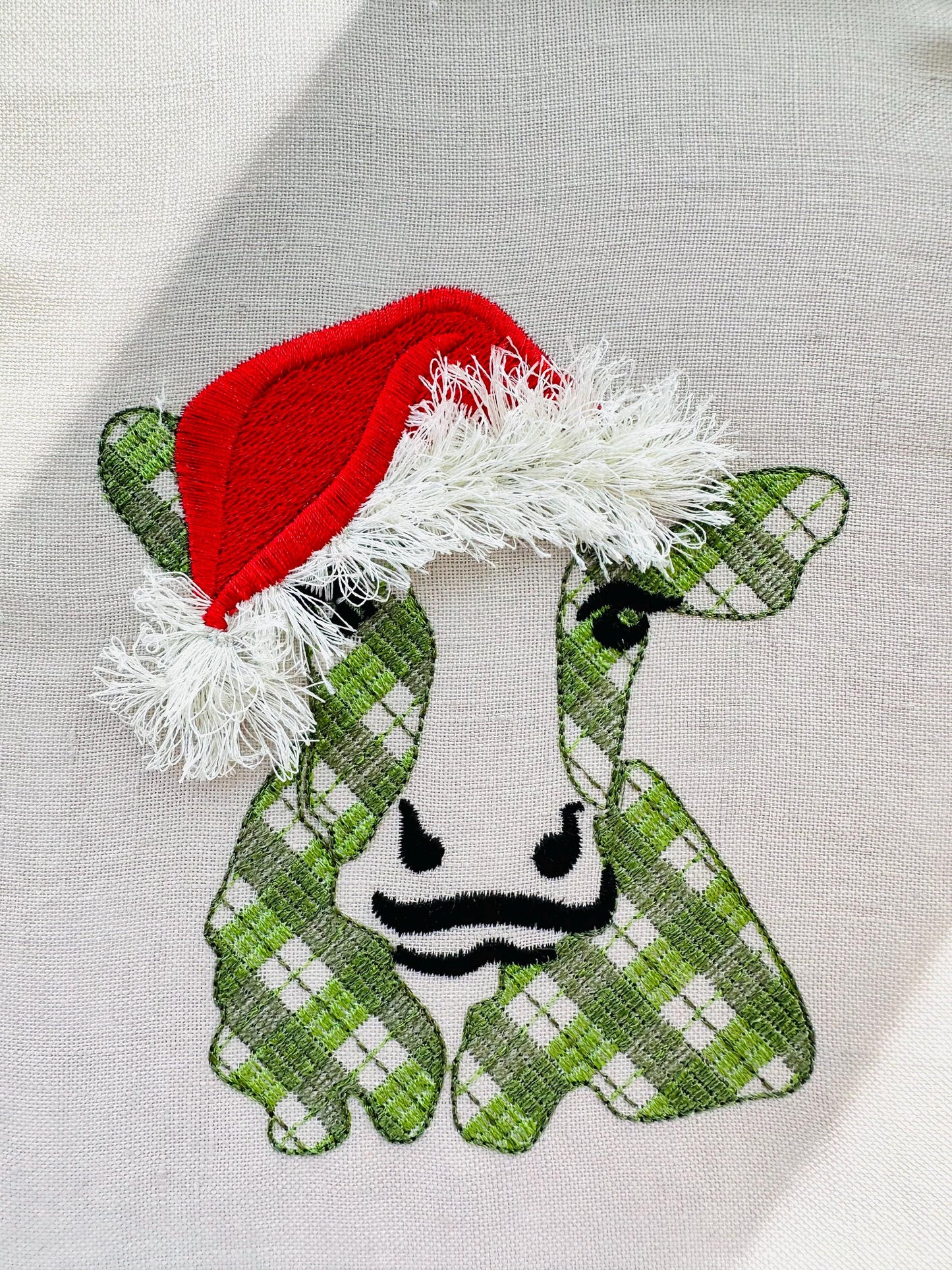 Gingham Patterned Cow Fringed Santa Hat