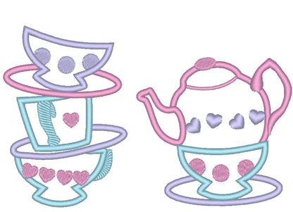Teapot stacked cup Alice birthday party Mad hatter tea party Applique