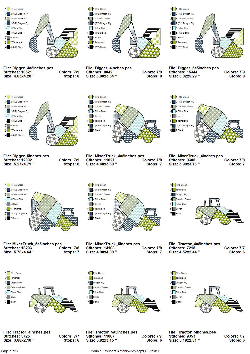 Patchwork Construction Vehicle SET of 4 Tractor Mixer Digger Truck