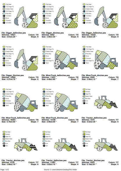 Patchwork Construction Vehicle SET of 4 Tractor Mixer Digger Truck