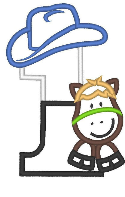Little Cowboy Birthday number 1 NUMBER ONE machine embroidery applique