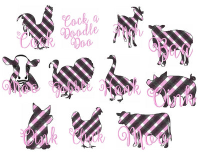 Gingham Plaid Patterend Farm Animals Set