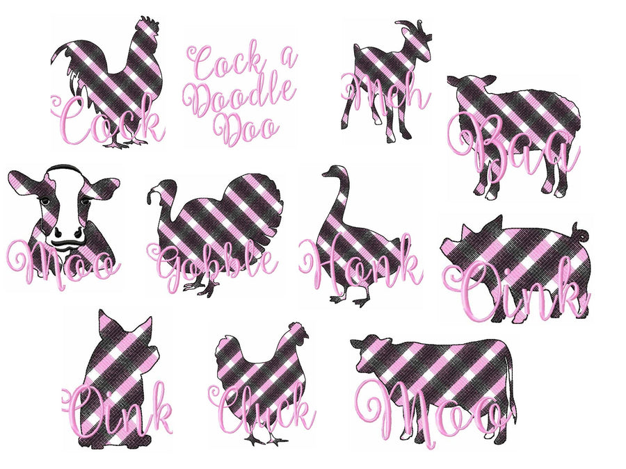 Gingham Plaid Patterend Farm Animals Set