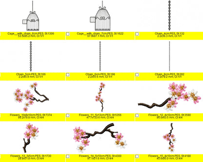 Cherry Blossom mini Flowers Birds and Cage awesome machine embroidery