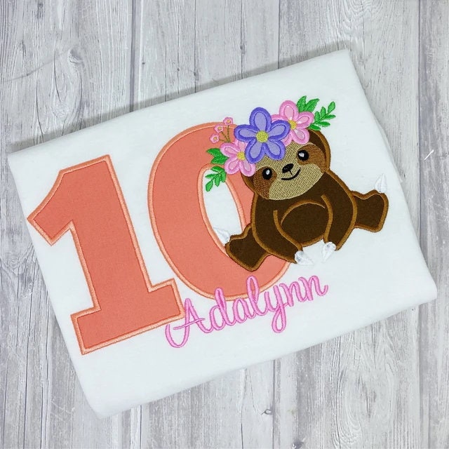 Sloth with floral crown wreath of flowers applique machine embroidery