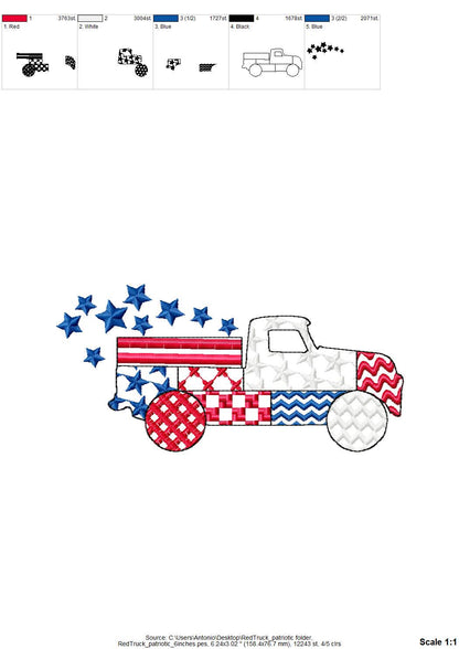 Patriotic Patchwork Red Truck with Stars patterned Truck outline