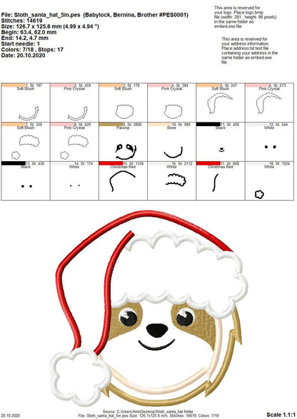 Santa Hat Christmas Sloth Face Applique