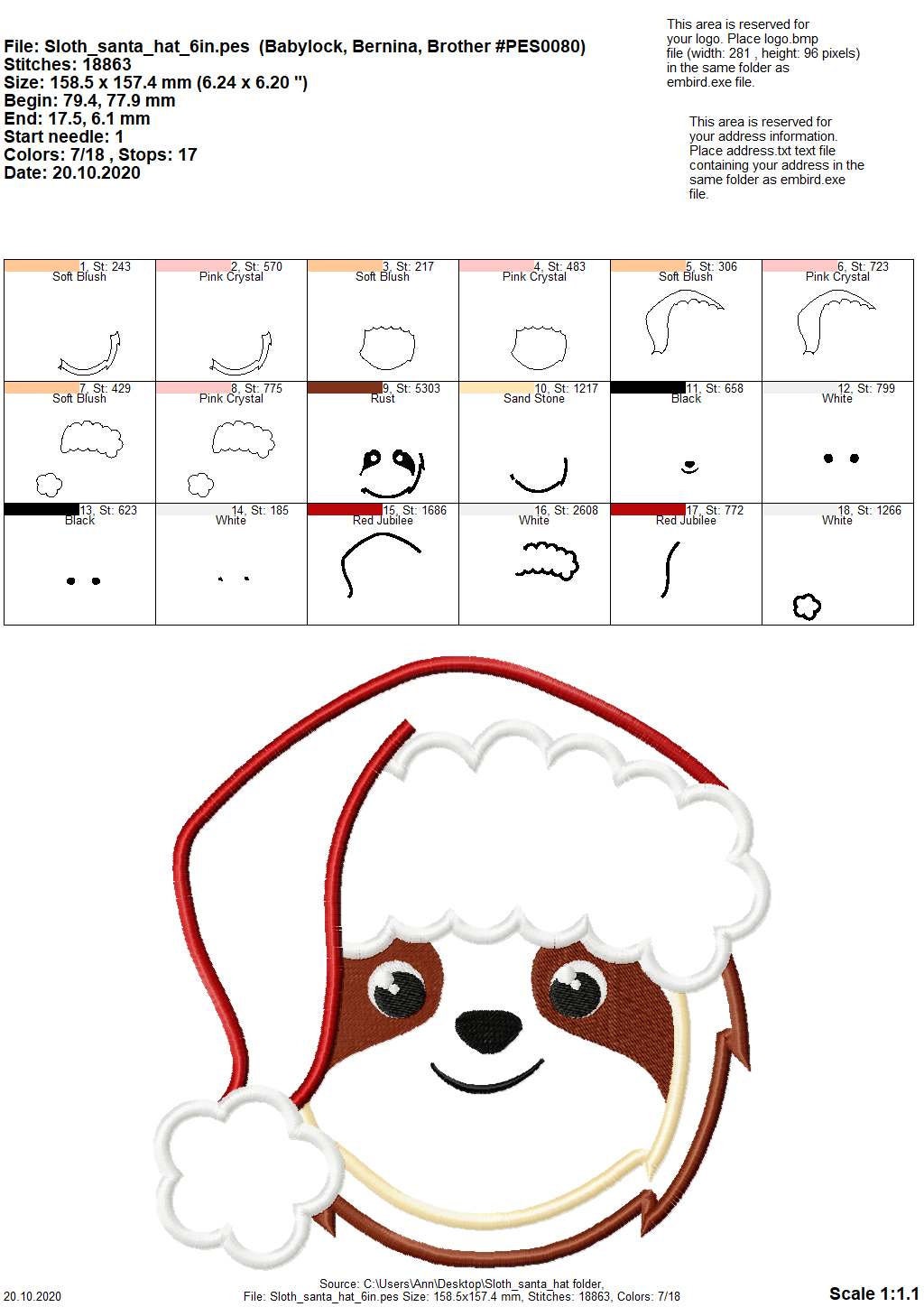 Santa Hat Christmas Sloth Face Applique