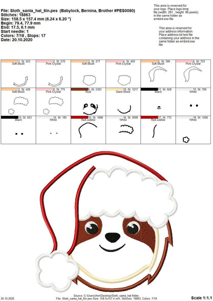 Santa Hat Christmas Sloth Face Applique