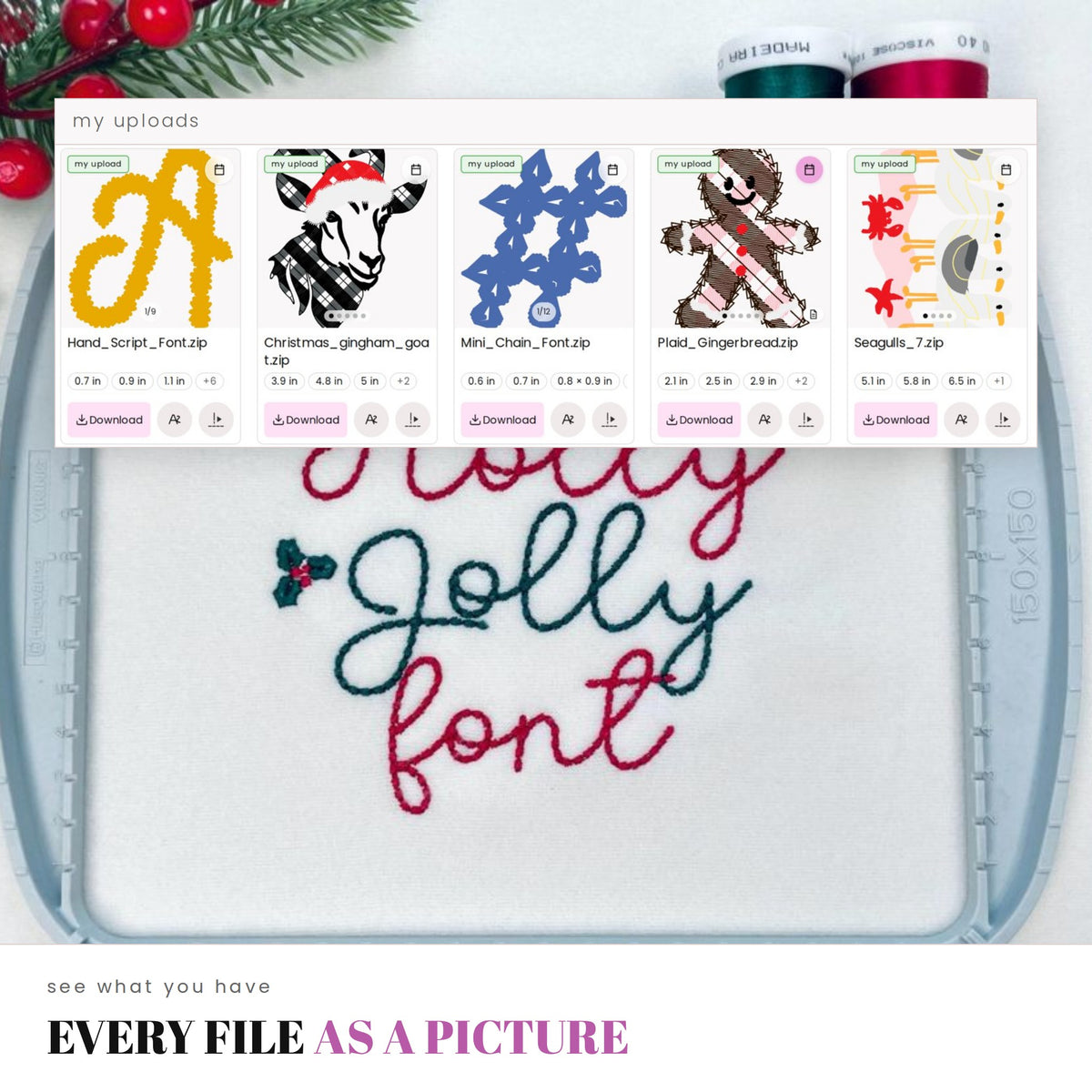 My Uploads in the Artapli Studio Library: an uploaded alphabet and four uploaded designs, each shown as a picture with its sizes.