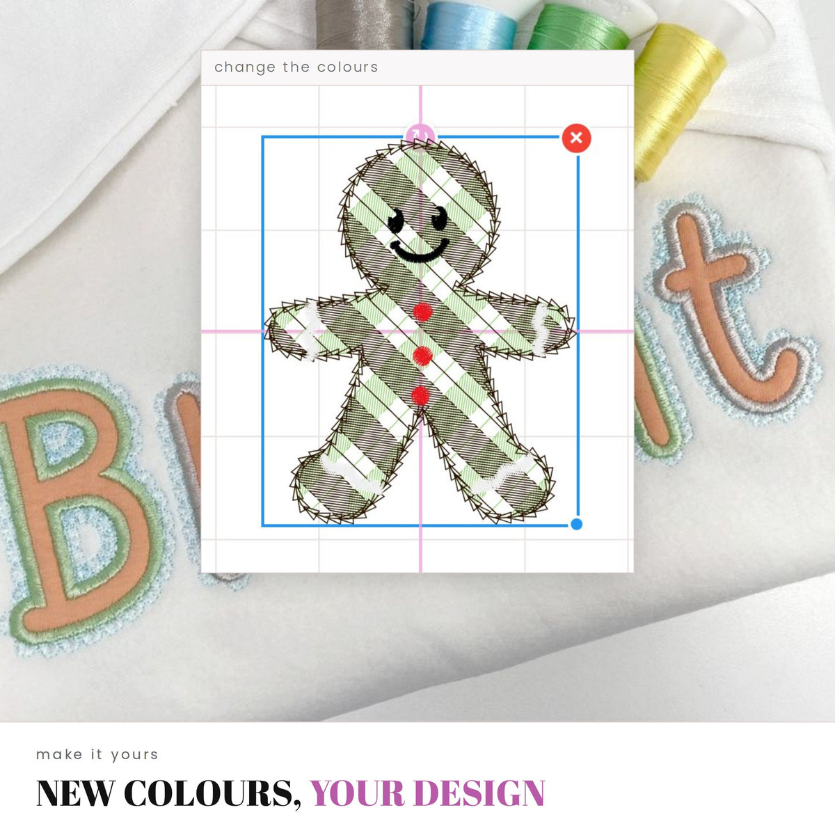 Change the colours of your own embroidery design: an uploaded gingerbread man recoloured in Artapli Studio.