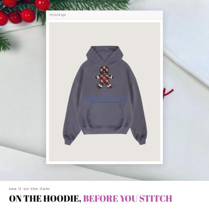 See your own design on the item: an uploaded gingerbread design and a name placed on a hoodie photo in Mockup.