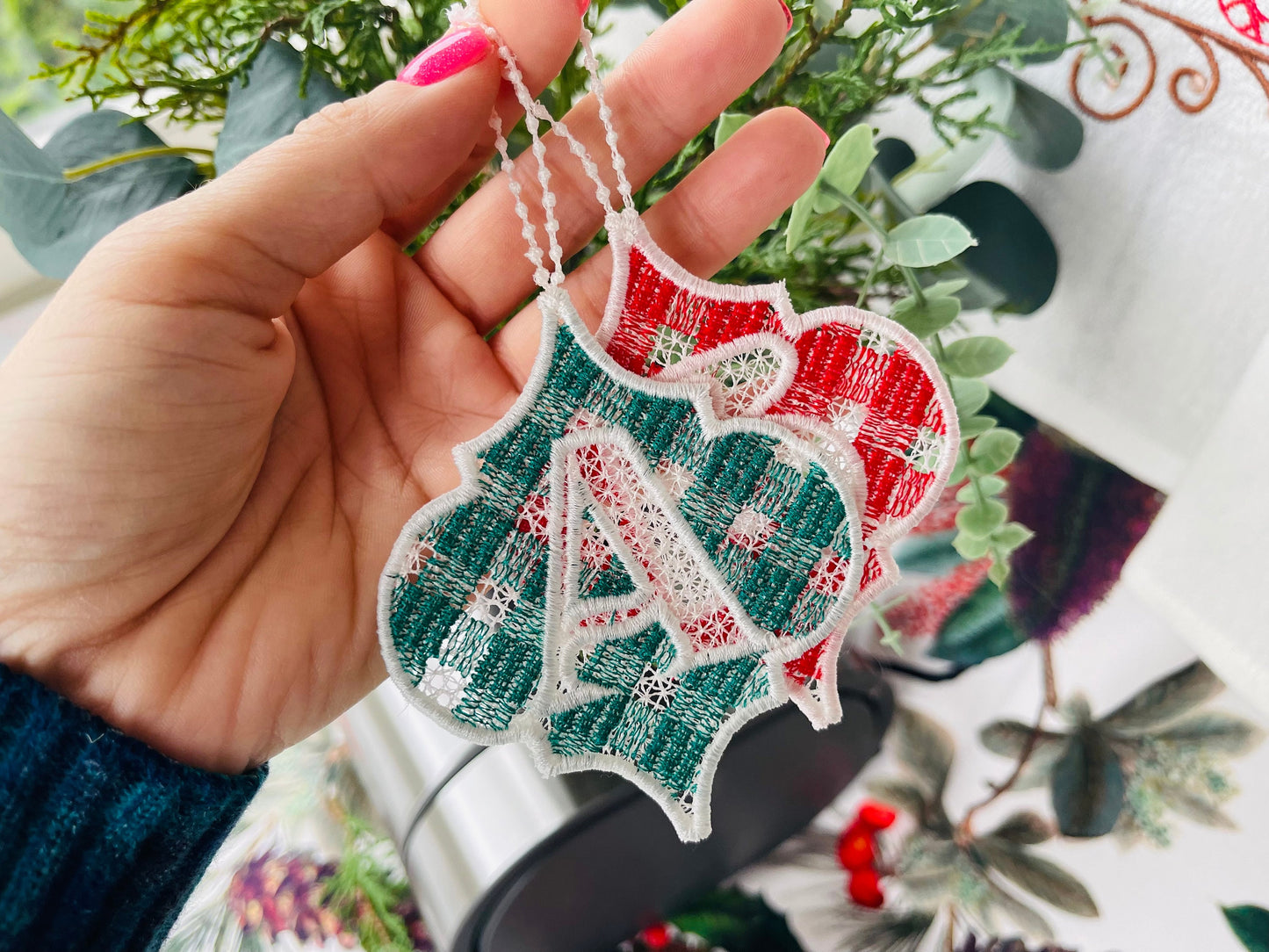 Gingham Christmas Tree Ornament Monogram
