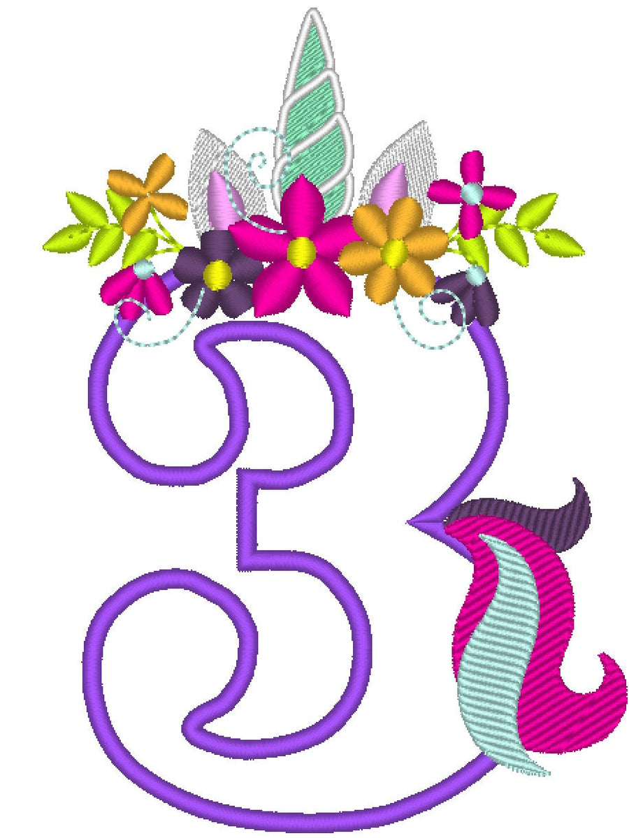 Floral Unicorn with Tail Birthday Numbers Applique